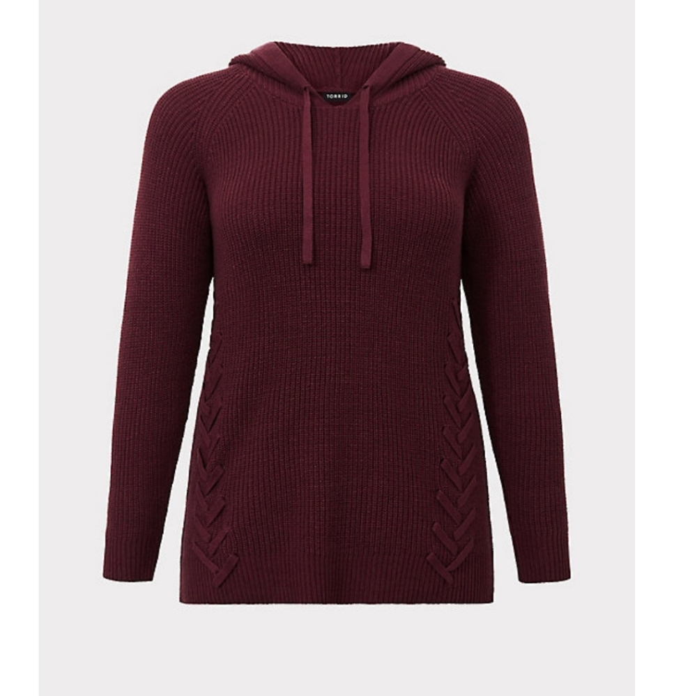 PURPLE LACE-UP HOODIE KNIT PULLOVER